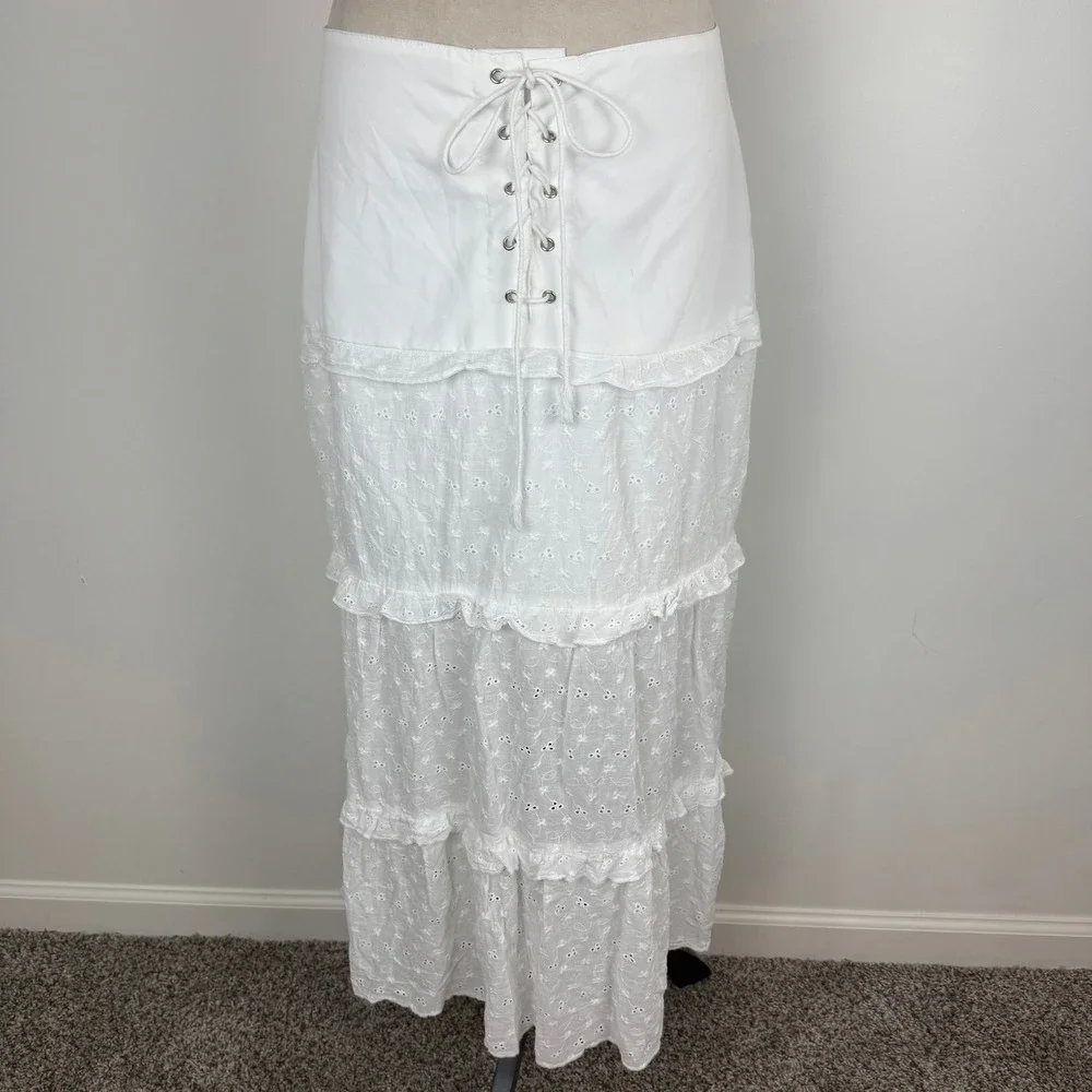 Over Kleshas White Eyelet Lace Up Tiered Boho Maxi Skirt Cottagecore Size Large